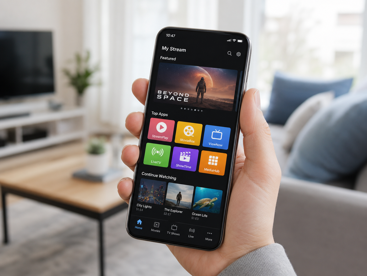 Smartphone Android a exibir uma aplicação de streaming