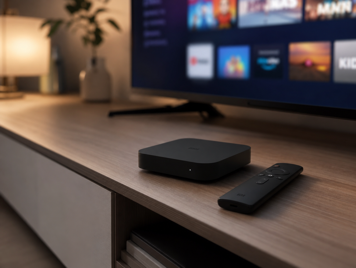 Dispositivo Apple TV com telecomando sobre uma consola de televisão