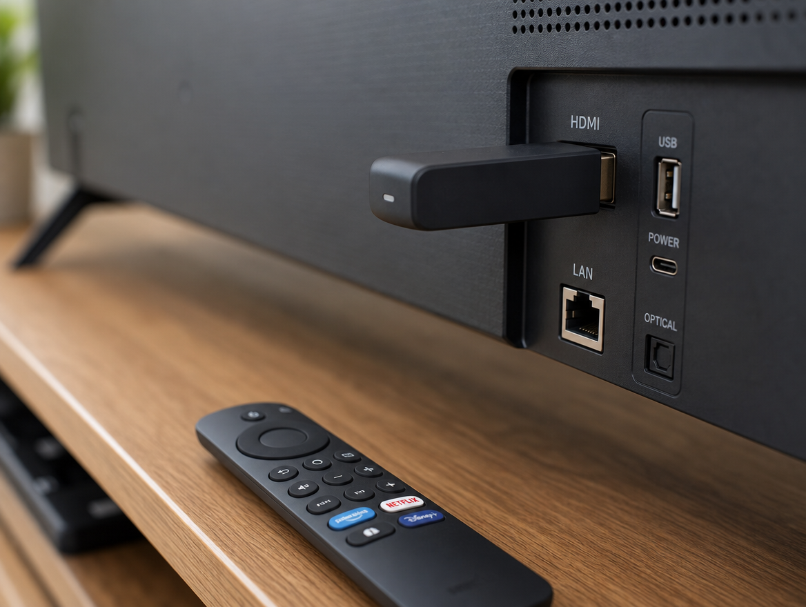 Dispositivo Fire Stick ligado a uma porta HDMI de televisão