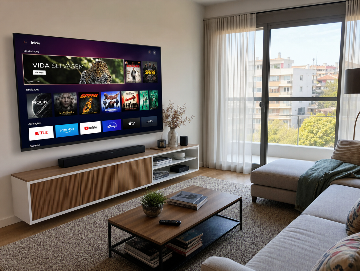 Smart TV moderna numa sala de estar a exibir uma interface de streaming