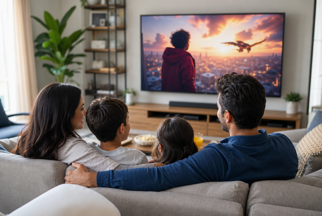 Família reunida no sofá a ver televisão numa sala de estar moderna
