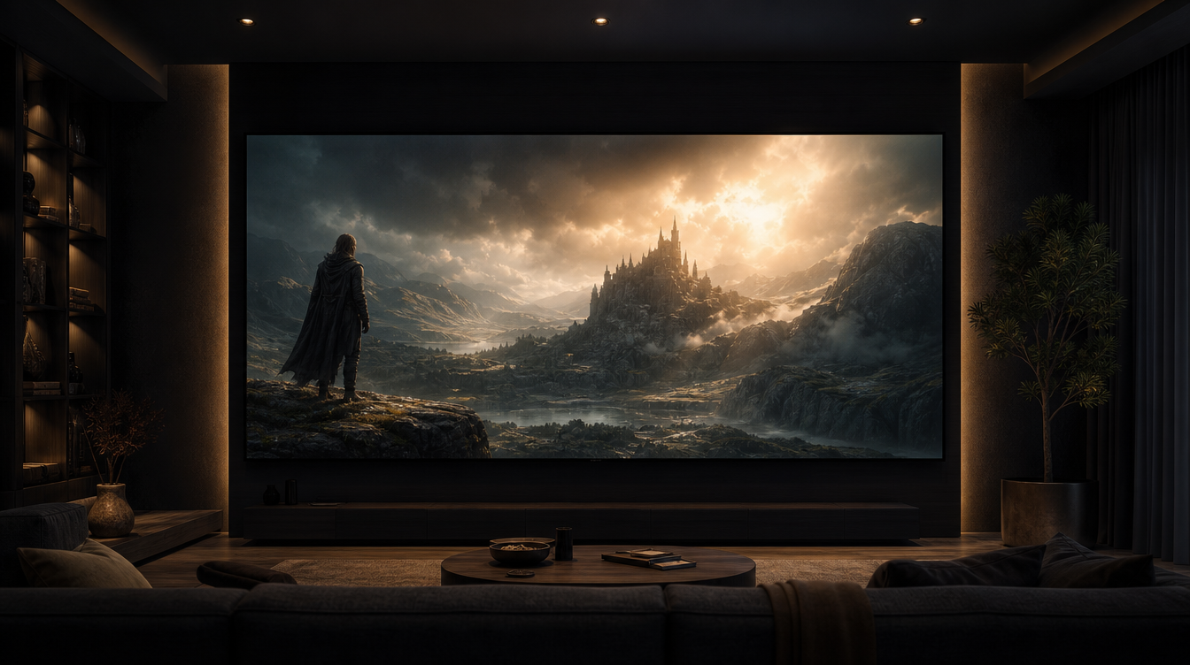 Ecrã de televisão a exibir uma cena de um filme, com iluminação cinematográfica