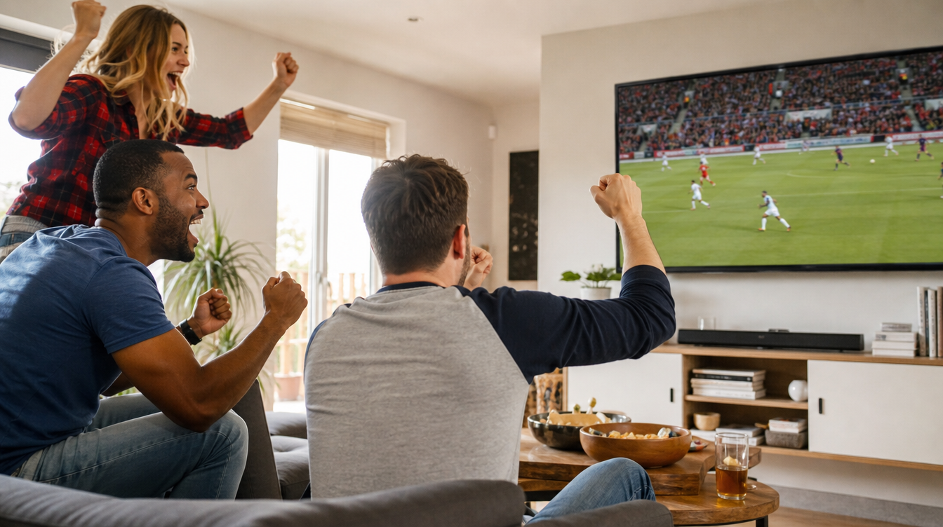 Grupo de amigos a assistir a um jogo de futebol numa televisão em casa